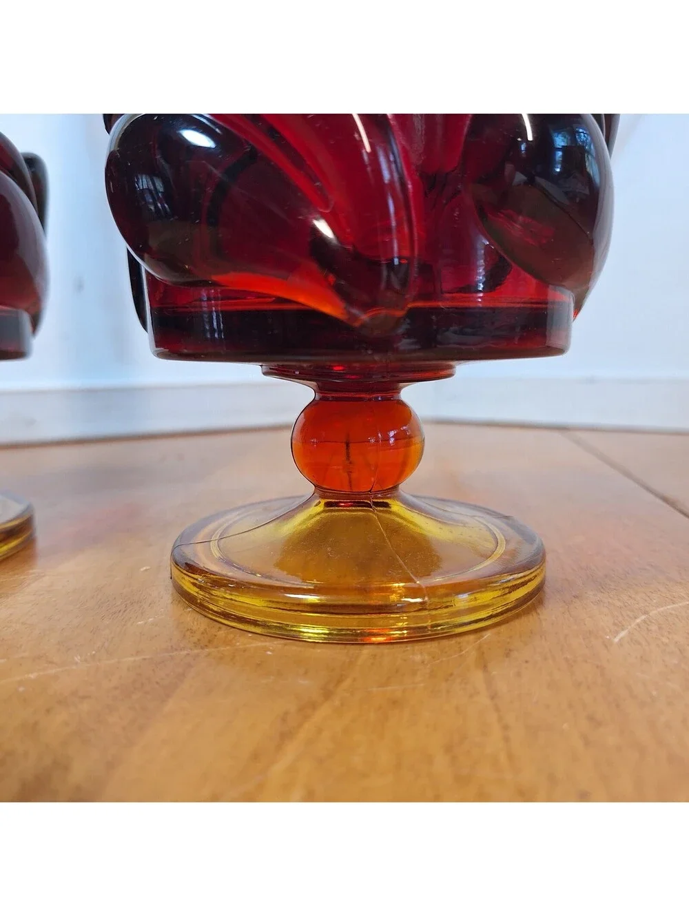 Vintage Indiana Glass Tiara Leaf Sunset Amberina Candlestick Holders Set 2
